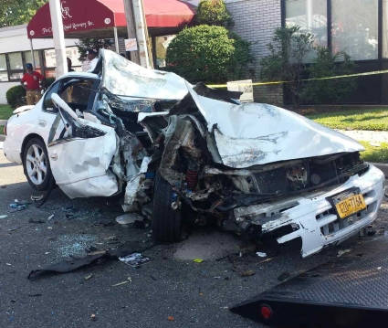 Our client had a serious injury in this car that was demolished in a car accident on Log Island