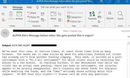 Lawsuit Funding Alert email