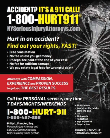 Police on-duty Accident Lawyer ad in NCPD PBA Newsletter