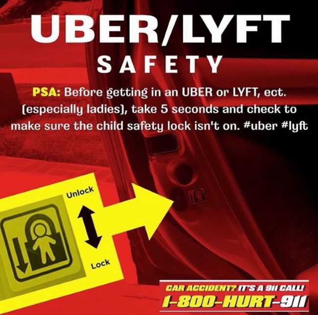 Uber and Lyft Safety Tips for ride sharing diagram shows how to check the car door child safety lock on Uber and Lyft cars