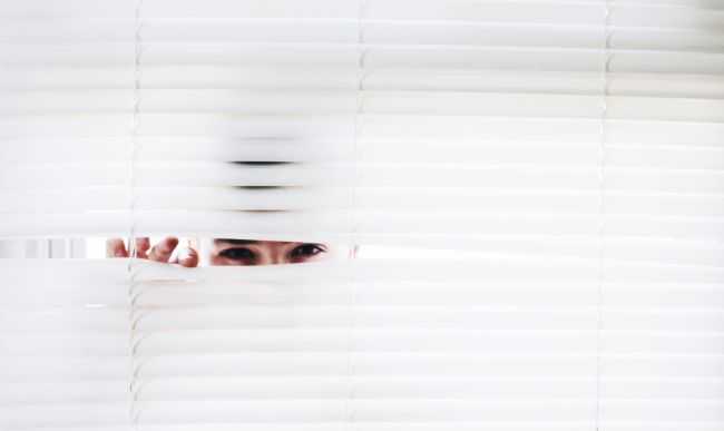 Eyes looking through window blinds. It's the insurance company spying on you!