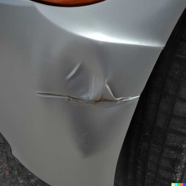 Photo of damage on the front bumper caused by a minor car accident in a parking lot that did not cause an injury. Should you sue the other driver or use your own insurance?
